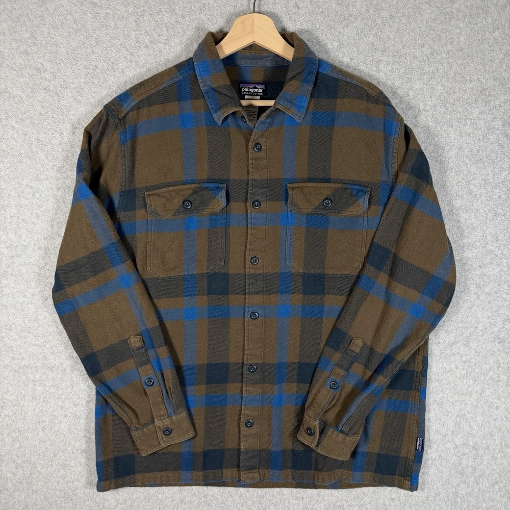 Patagonia Organic Cotton Shirt Flannel Men Large Brown Plaid Long Sleeve Outdoor